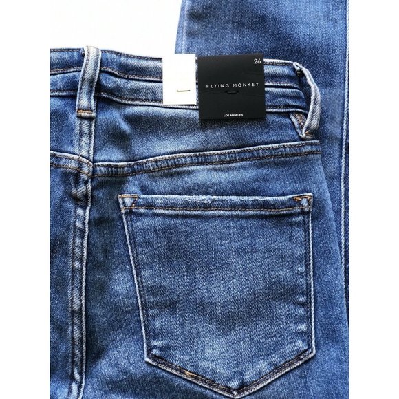 Flying Monkey Women's Blue Denim Distressed Mid-Rise Cuffed Ankle Skinny Jeans - Picture 8 of 12